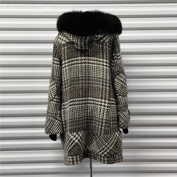 A.B.S. Allen Shwartz Womens Coat Size 14 Houndstooth Luxury Fur Hood Wool Blend - Picture 3 of 16